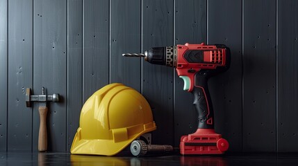 construction tools including a drill, helmet, and hammer, arranged against a backdrop of polished black wood, highlighting their role in building and craftsmanship