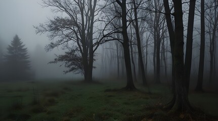 Path through a misty forest during a foggy winter day