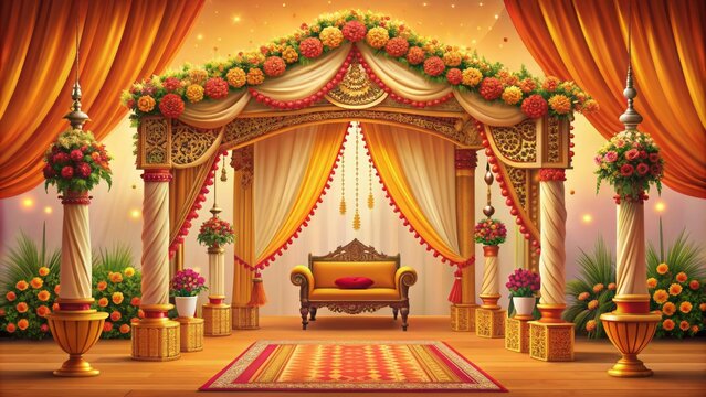 Vibrant illustration of traditional Indian wedding mandap with intricately designed floral decor, majestic arch, and opulent drapery in warm colors.