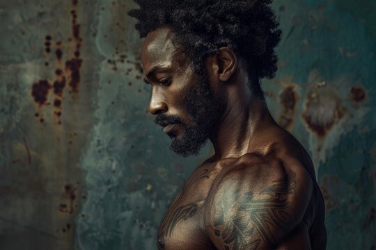 Portrait of a pensive tattooed man with a rustic, textured backdrop - Powered by Adobe