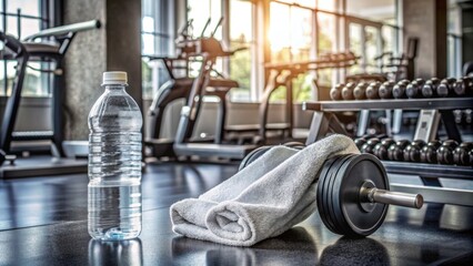 Fototapeta premium Sweaty empty clear plastic bottle of water sits on gray metal gym equipment amidst scattered workout towels and dumbbells.