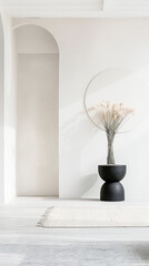 Fototapeta premium Elegant interiors design composition in soft colors with minimal furniture and natural lighting. Minimalist Real Estate interiors composition with copy space.