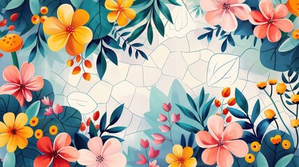 Abstract floral patterns creating pathways, flat design, side view, urban garden theme, water color, Complementary Color Scheme
