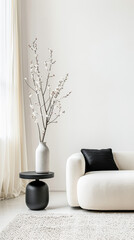 Elegant interiors design composition in soft colors with minimal furniture and natural lighting. Minimalist Real Estate interiors composition with copy space.