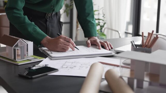 Architects interior designer hands working with Blue prints and documents for a home renovation&nbsp;for house design