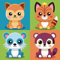 Fototapeta premium Set of funny cartoon animals including a cat, dog, bear, tiger, fox, pig, rabbit, panda, and more in a cute and playful style