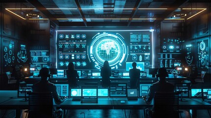 Futuristic control room with multiple screens displaying data and analytics, showcasing advanced technology and teamwork.