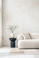 Elegant interiors design composition in soft colors with minimal furniture and natural lighting. Minimalist Real Estate interiors composition with copy space.