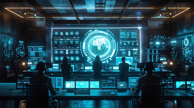 Futuristic control room with multiple screens displaying data and analytics, showcasing advanced technology and teamwork.