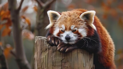 closeup of a red panda laying on a stumped tree top, Endangered animal specie from Asia - Powered by Adobe