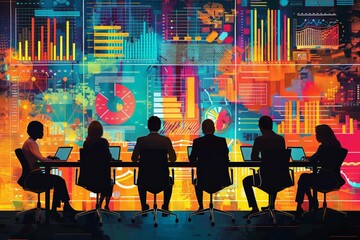 Dynamic Business Strategy Meeting with Vibrant Data Visualizations and Meticulous Analysis