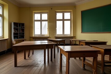Fototapeta premium interior of a traditional school classroom with wooden floor and furniture. Generative AI