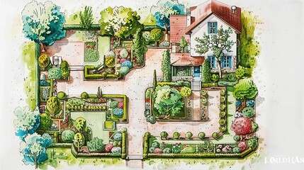 Illustrated garden design plan showing a house, various landscaping zones, and detailed planting schemes