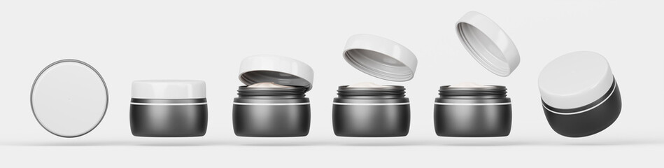 3d set of black cream jar with white lid mockup front and top view. Realistic cosmetic plastic container with beauty skincare product, serum or lotion, closed and open package render. 3D illustration