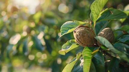 Obraz premium Ripe walnut popping out of its shell on tree