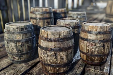 Weathered wooden barrels arranged on an old porch, showcasing a vintage aesthetic
