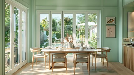 Obraz premium Elegant dining area with mint green walls, light wood furniture, and white table setting. Sunlit space with large glass doors to the garden.