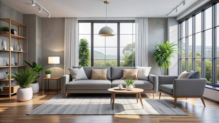 Modern living room interior with sleek grey sofa, large window, and minimalist decor in a bright, airy atmosphere.