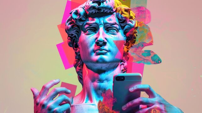 Colorful contemporary collage featuring a classical statue holding a smartphone, with vibrant pink, blue, and orange hues. Ideal for modern, artistic, and tech-inspired designs or backgrounds.