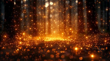 Christmas golden background with bokeh effects, filled with warm golden lights, with a dreamy appearance of glowing lights, an ethereal, magical, and serene mood for a holiday theme