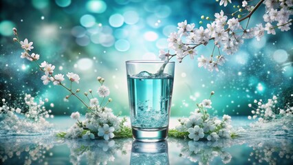 Sparkling silver spring with turquoise blue accents against a crisp white or transparent background, evoking refreshment and serenity.
