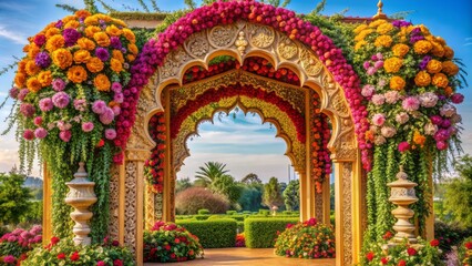 Fototapeta premium Intricate ornate Indian arch adorned with vibrant flowers and lush greenery, perfect for luxurious wedding invitations and ceremonial decor.