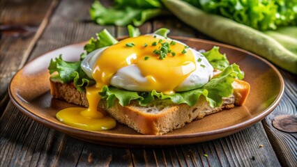 Golden yolk bursts forth from delicate whites, oozing rich yellow sauce, framed by crisp lettuce and toasted crusty bread on rustic plate.