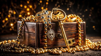 Luxurious golden key unlocks vintage treasure chest overflowing with sparkling jewelry on rich black velvet fabric background.