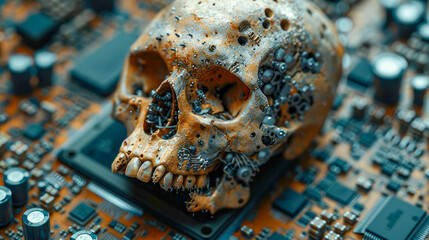 Close-up of human skull on electronic circuit board. Technology concept