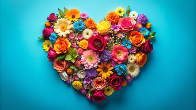 Vibrant floral arrangement in heart shape composed of colorful blooms set against a serene bright blue background, exuding warmth and elegance.