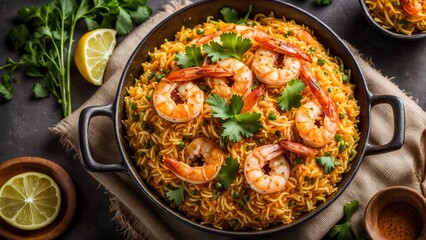 A dish of Indian cuisine. Biryani with shrimp.