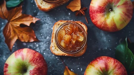 Toast with apple jam with spices top view traditional autumn apple jam