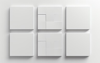 Minimalist card mockup design 3D render of blank white square cards on light background, top view template with shadows and soft focus