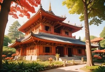 Fototapeta premium A traditional wooden Buddhist building surrounded by trees.