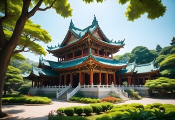 A traditional wooden Buddhist building surrounded by trees.