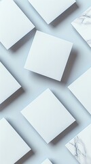 Square card mockup template 3D render of blank white cards on light background, top view with shadows and soft focus for realistic design presentation