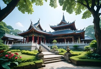 Traditional wooden Buddhist structure on a hill