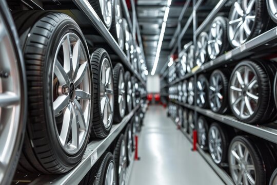 Car wheels displayed in neat rows within an automotive parts shop, showcasing variety and quality