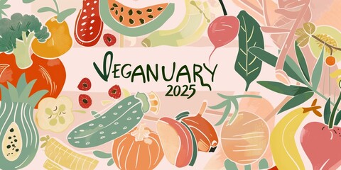 Colorful Veganuary 2025 Poster Featuring Fresh Vegetables and Fruits