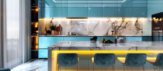 Elegant kitchen design with aquamarine cabinets, marble surfaces, and neon yellow lighting under the counters, luxurious and bright.