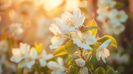 White flowers spring blossom sunny day light bokeh background