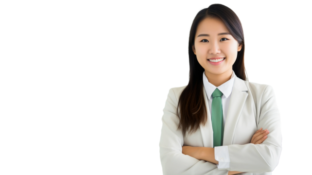 Business woman isolated. Asian female executive cute smile crossed arms, powerful posture wearing a white suit on transparent background.