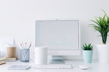 A soothing workspace with pastel SEO graphs, emphasizing content creation in a fresh digital marketing approach