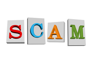 3d illustration of colorful SCAM text on the blocks.