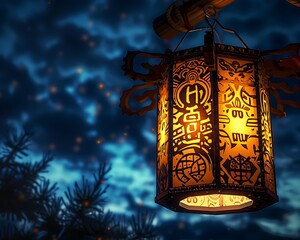 A lantern with a unique design, featuring traditional symbols and patterns, glowing softly against the night sky.