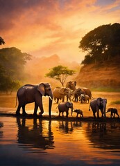 Obraz premium elephants at sunset Near a river
