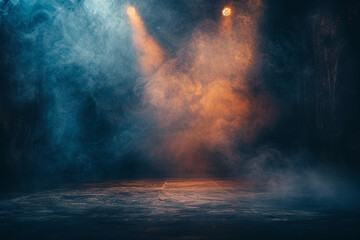 Obraz premium Dark stage with spotlight, dramatic lighting and smoke. Cinematic scene of theater or concert hall interior