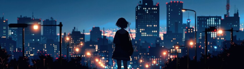 Cartoon girl patrolling city streets at night, silhouette of skyscrapers, streetlights casting shadows, anime style, dramatic lighting, high contrast