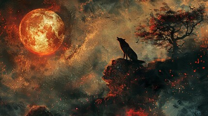 Fototapeta premium Ethereal Howl: Mystical Ancient Wolf in Vibrant Moonlit Landscape