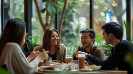 Group of Friends Enjoying a Meal Together in a Restaurant With Large Windows